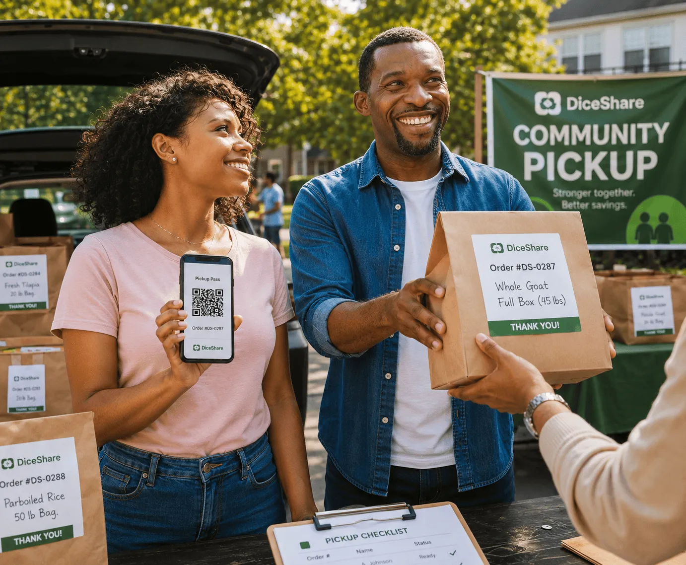 Community members at a DiceShare pickup — scanning a QR pickup pass and collecting a bulk order