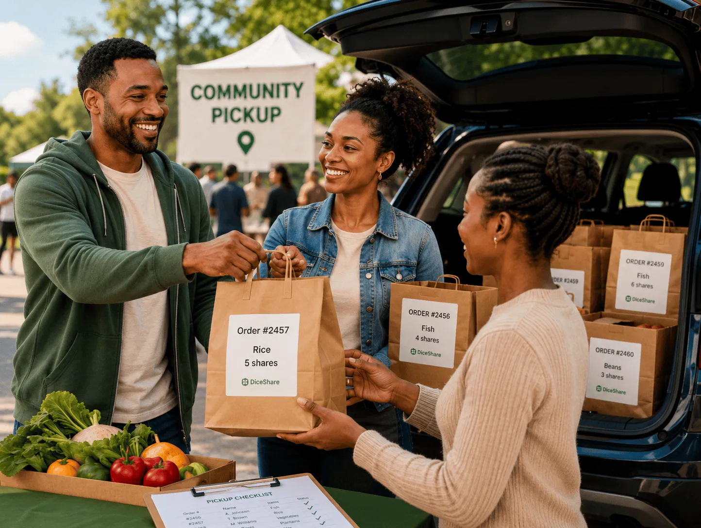 Community members at a DiceShare pickup collecting their labelled bulk orders